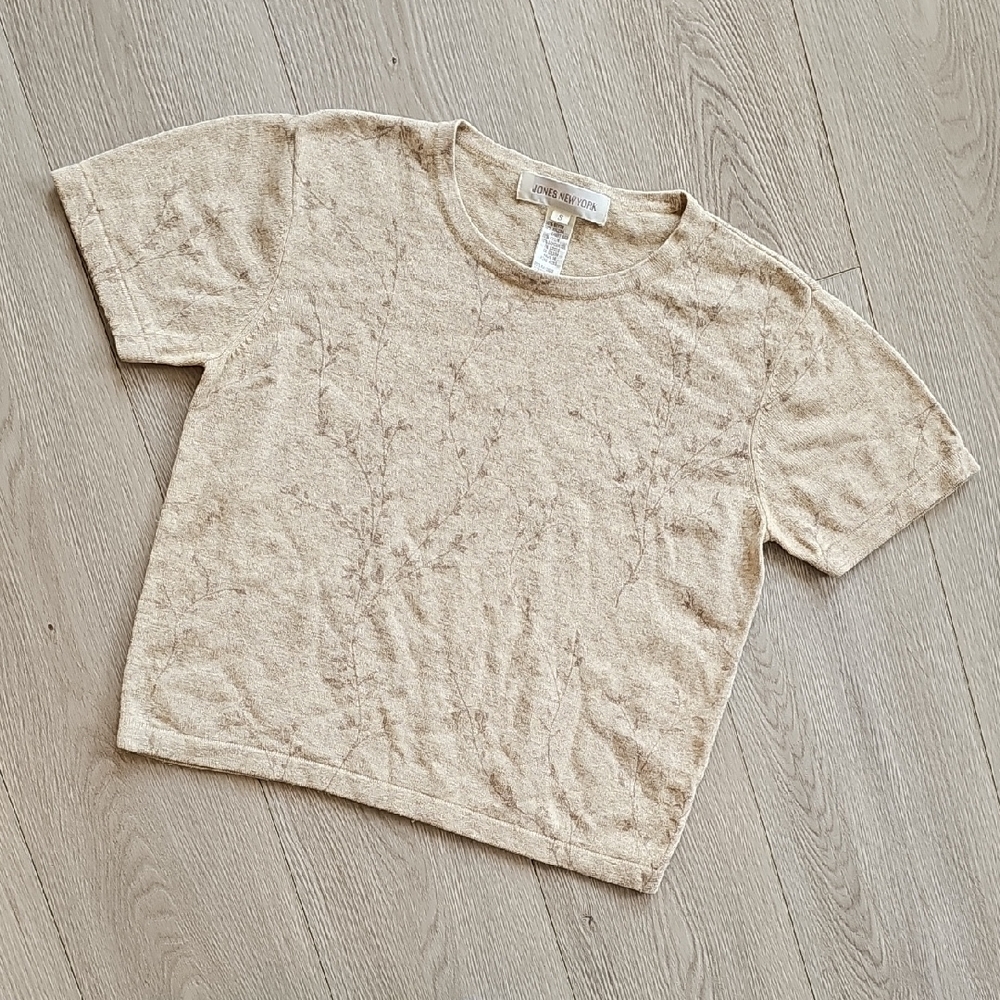 Jones NY Angora & Lambswool Scandi Girl Botanical Print Short Sleeve Shirt, Sm - Picture 2 of 12
